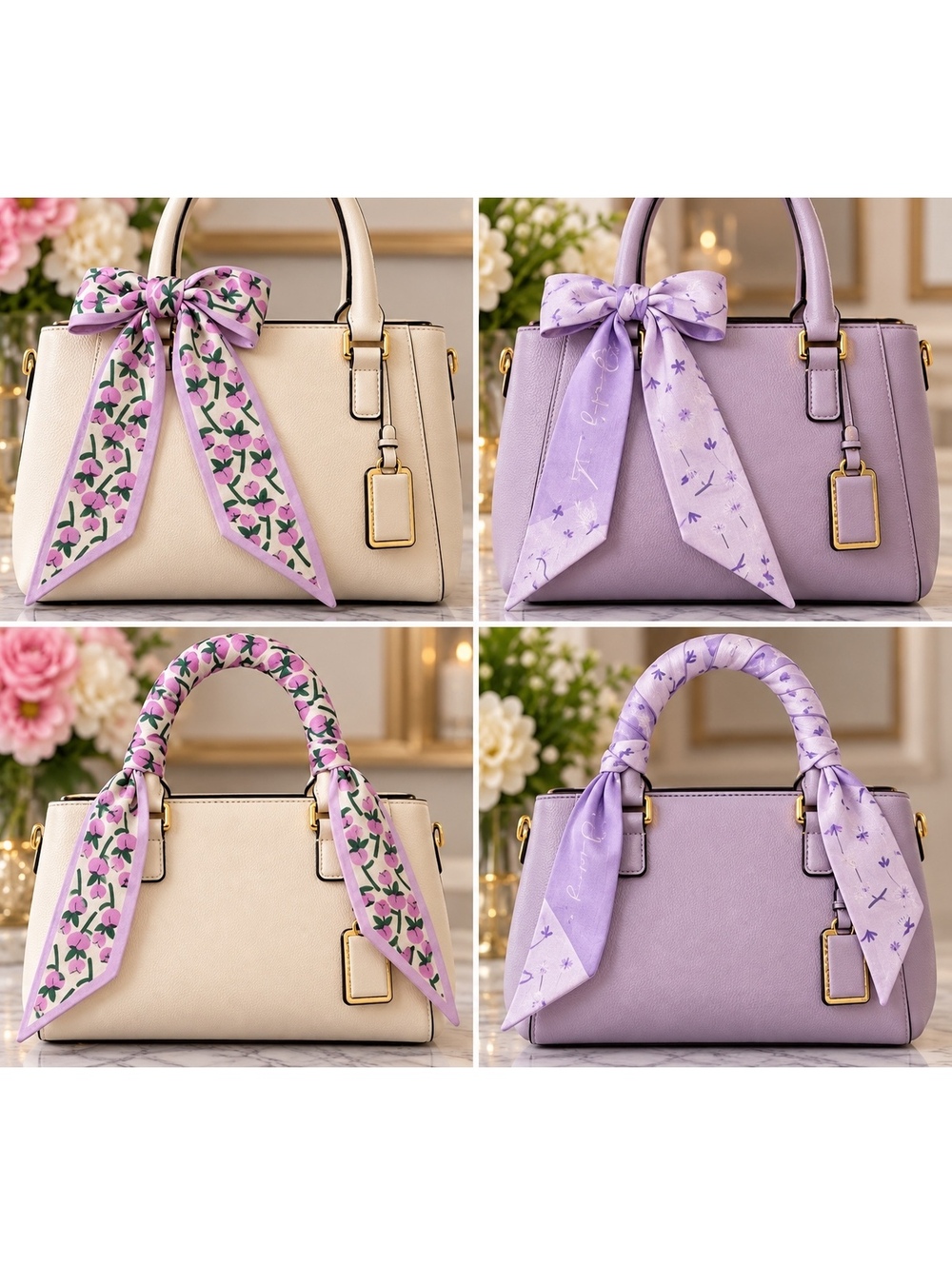 2 New Purple Floral Twilly Bag Scarves Purse Handle Ties